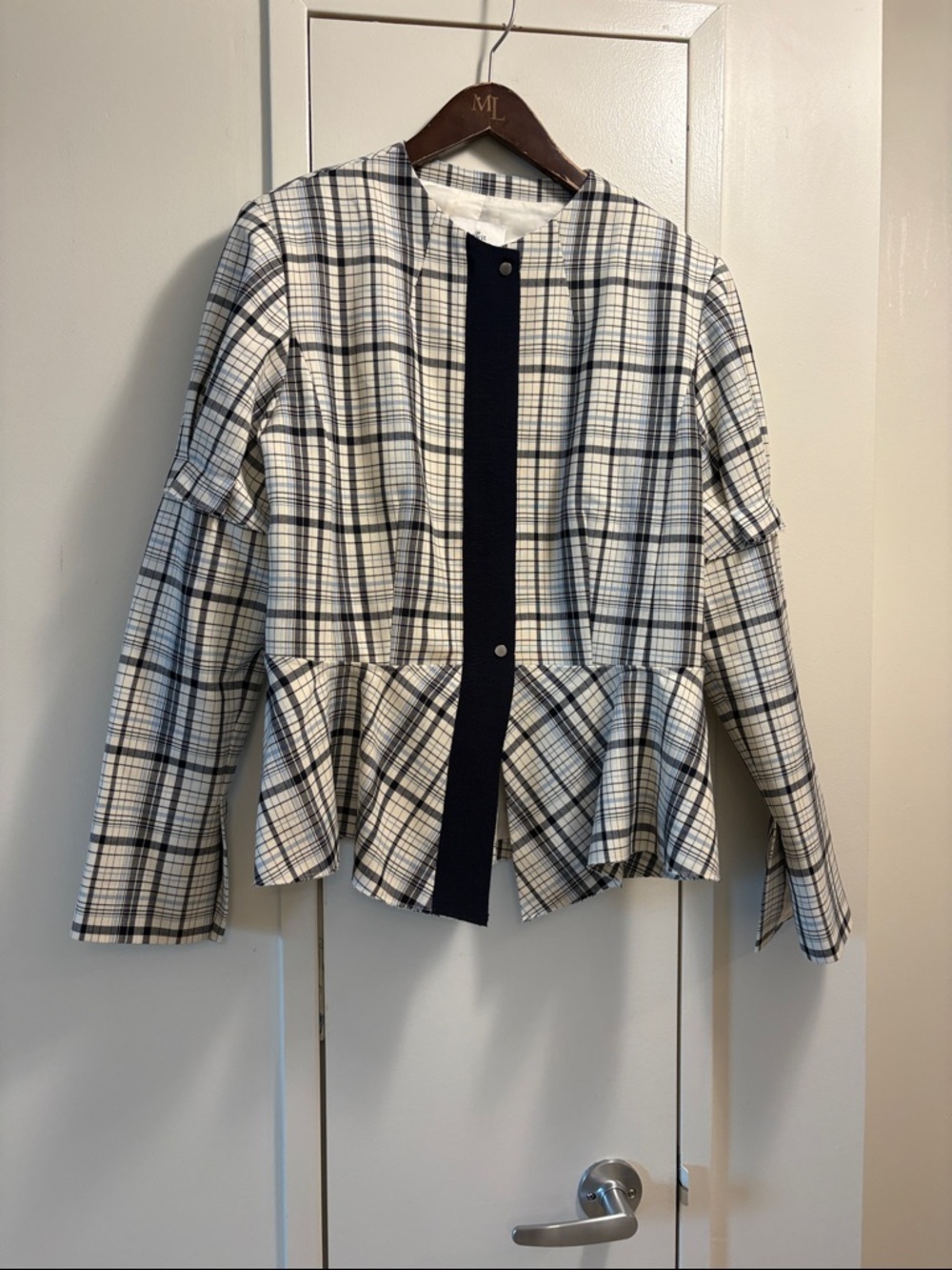 Lewit Plaid Peplum Jacket with Navy Trim - Women